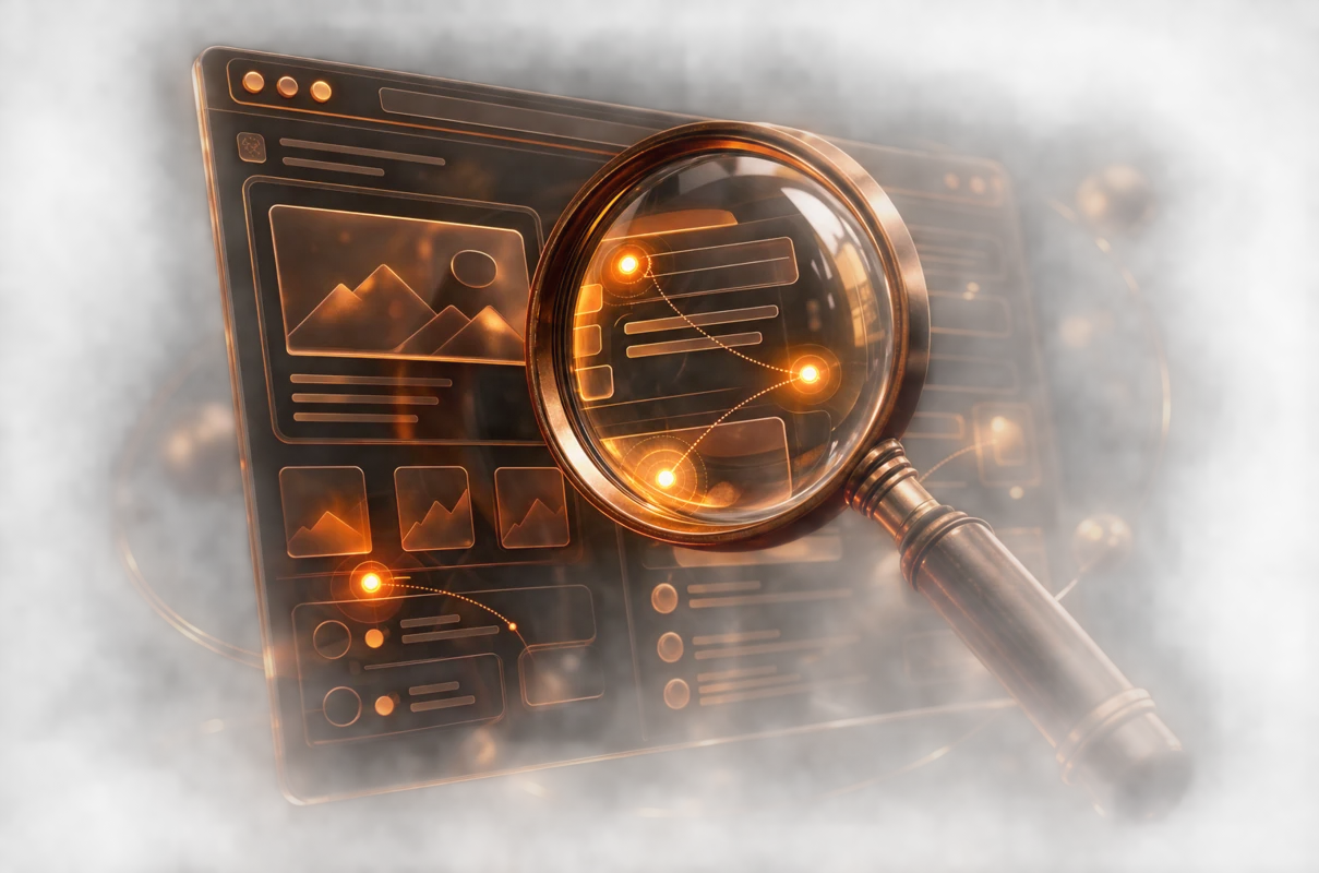 Magnifying glass revealing problem points on a website layout